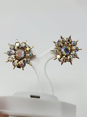 Vintage Aurora Borealis Rhinestone Starburst Clip On Earrings Gold Tone